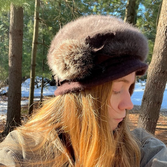 Y2K Angora Rabbit Fur Knit Hat + Genuine Fur Accent Brown - Picture 6 of 16
